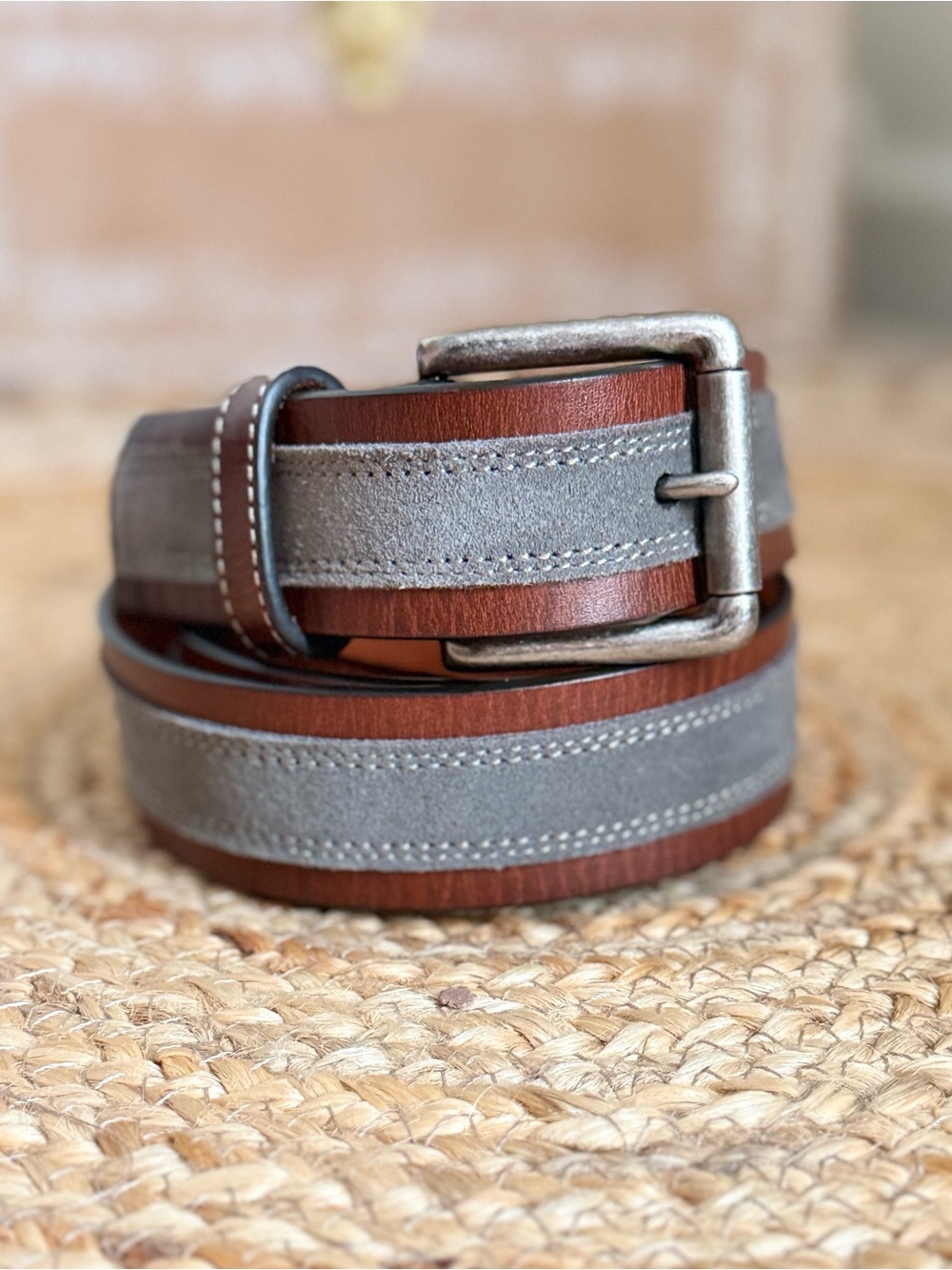 🌾 Men's Brown and Gray Two-Tone Leather Belt